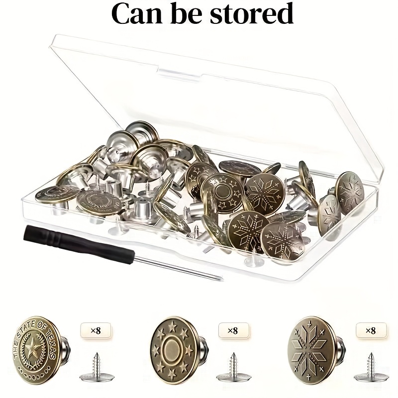 24pcs/box + 1 Tool Set Denim Button Pins - 17mm Bronze Denim Buttons, Multiple Styles With Brass Finish, Adjustable And Reusable