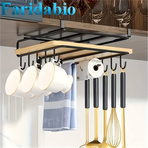 item picture 1pc stainless steel cabinet organizer punch cutting board fabric hanging rack kitchen storage rack with mug hooks paper towel holder cutlery rack multi functional under cabinet hanging storage rack kitchen storage goodies