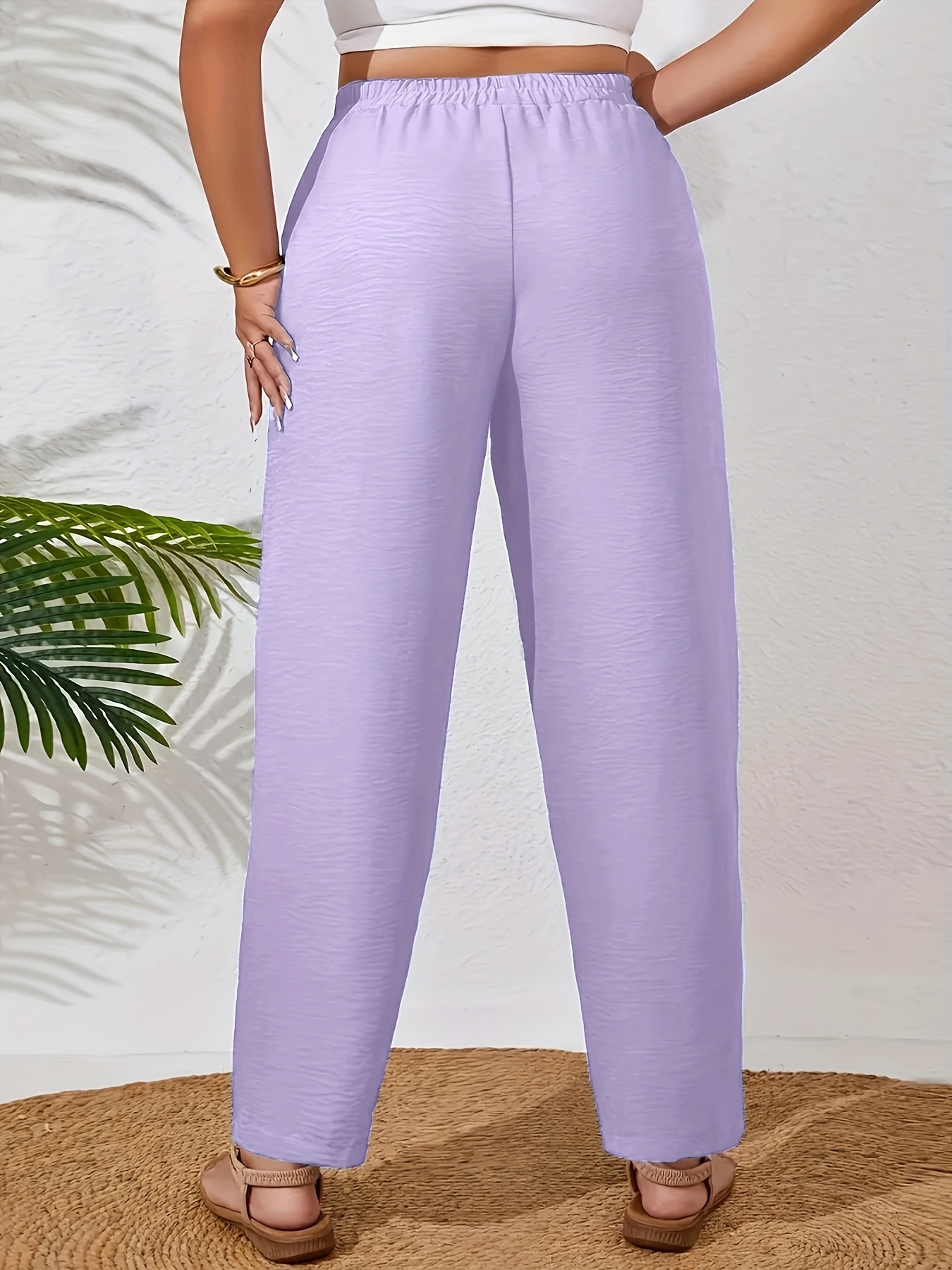 Plus Size - Women'S Plus Size Elegant Solid Color Wide-Leg Pants - Non-Stretch Fabric, All-Season Casual Trousers with Pockets, Brown, Comfortable Footwear, Stylish Accessory, Durable Fabric