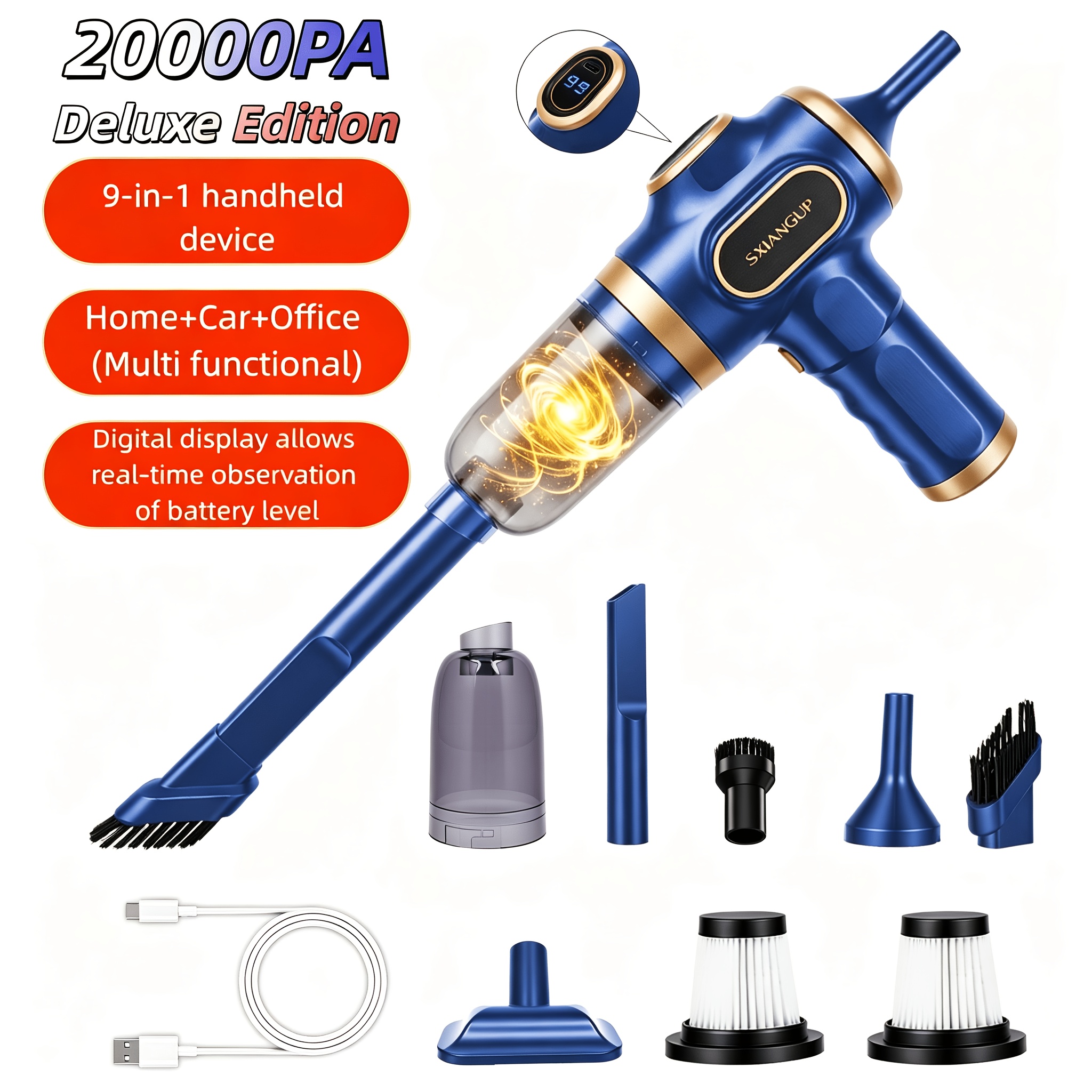 Wireless Handheld Vacuum With 20000pa Strong Suction, 9-in-1 Blow & Vacuum Suitable For Car, Home, Pet Hair Removal, Rechargeable Mini Vacuum With Hepa Filter & Led Display, Portable Abs Vacuum