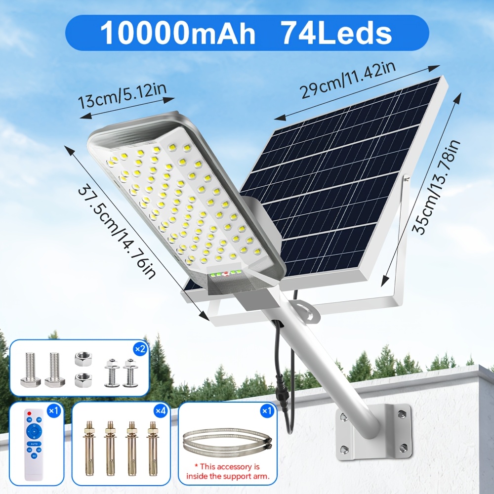 TEMU 1pc Wide-angle Solar Street Light, Ip65 Outdoor Yard Light, Dusk To Dawn, Led Powerful Lighting, With Remote Control, High Brightness Safety