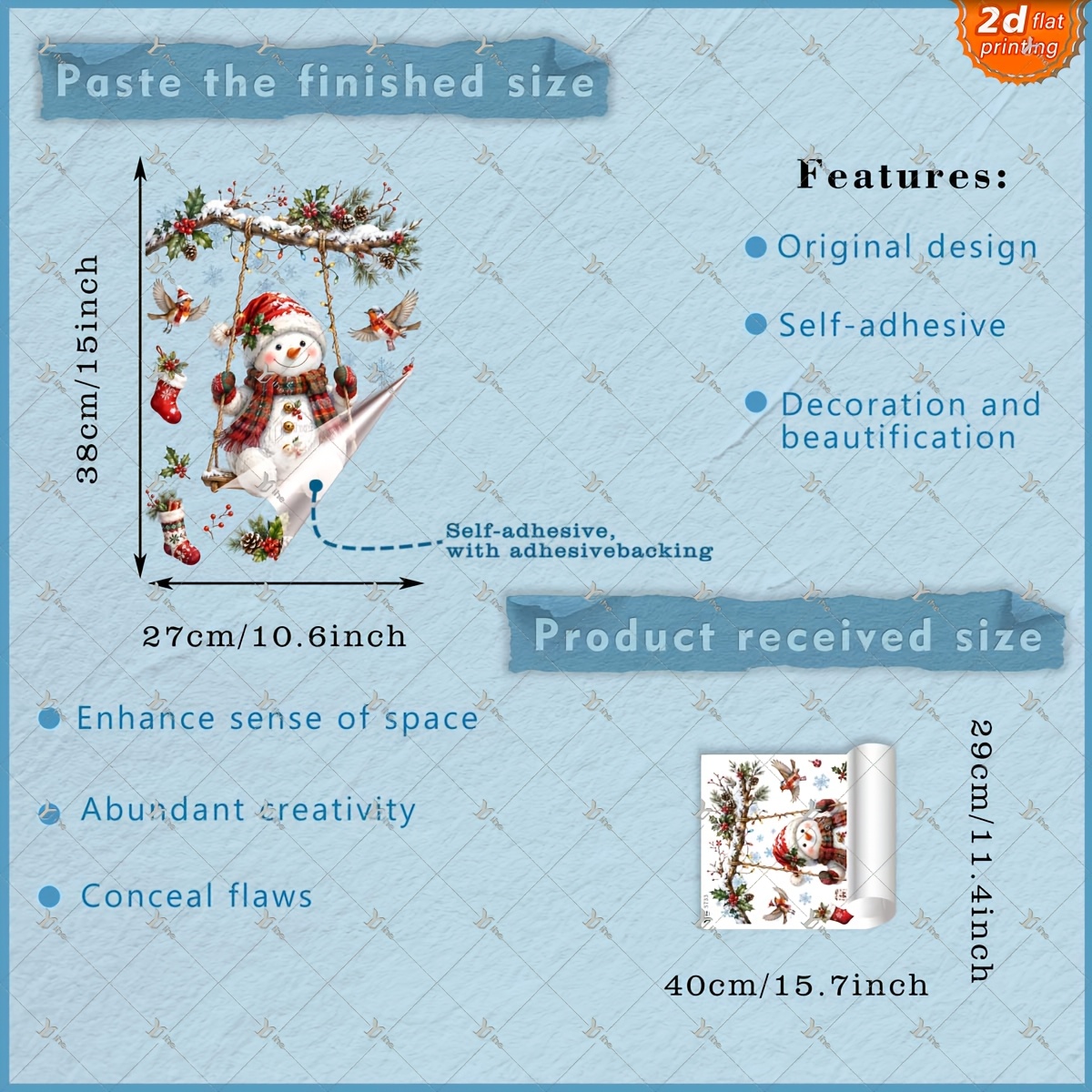 TEMU 2d Flat - 1pc 2d Flat Printed Christmas Swing Snowman Robin Window Sticker, Creative Self-adhesive Removable Double-sided Pvc Glass Sticker For