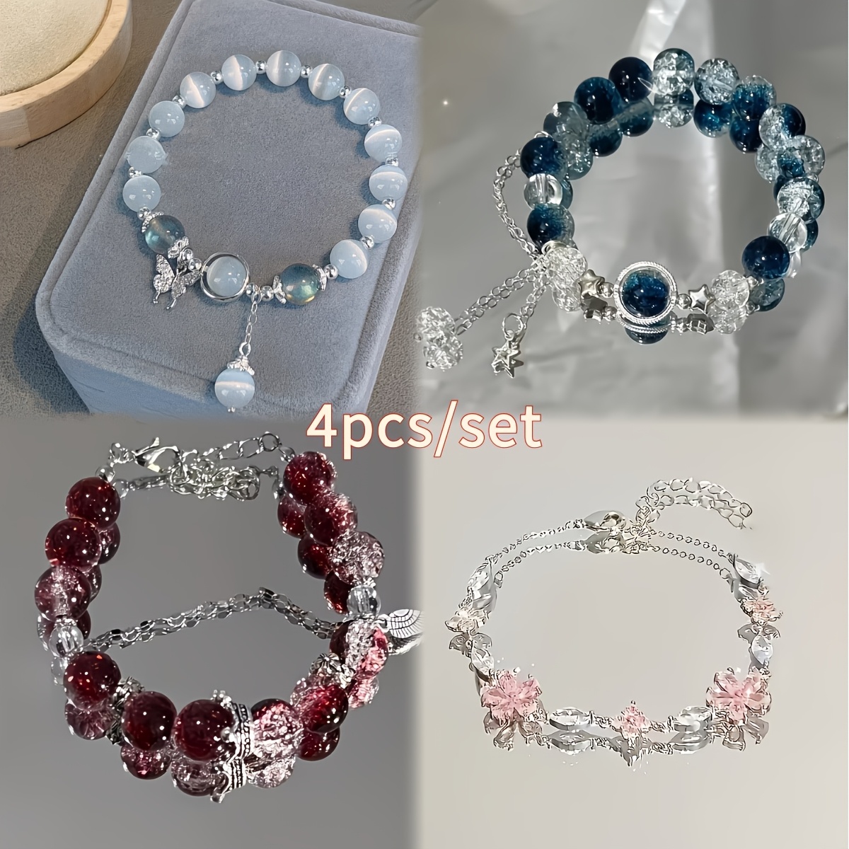 TEMU Ensemble de 4 pièces de perles assorties de style élégant, charm avec papillons, fleurs et , fabriqué à partir de perles premium œil de chat et