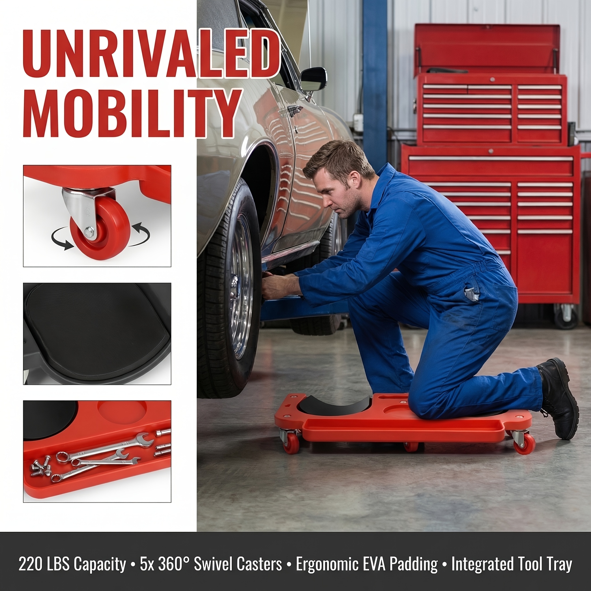 Multi-purpose ABS wheeled rolling platform - comfortable - built-in tool tray for mechanics, carpenters, flooring and auto repair