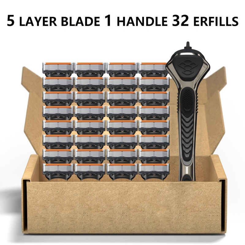 

Men's Manual Shaving Set, 5-layer Blade, 1 Handle With 32 Refills, Non-slip Groove Design, Metal Handle, For Beard And Mustache Grooming, Essential Daily Shaving Tool