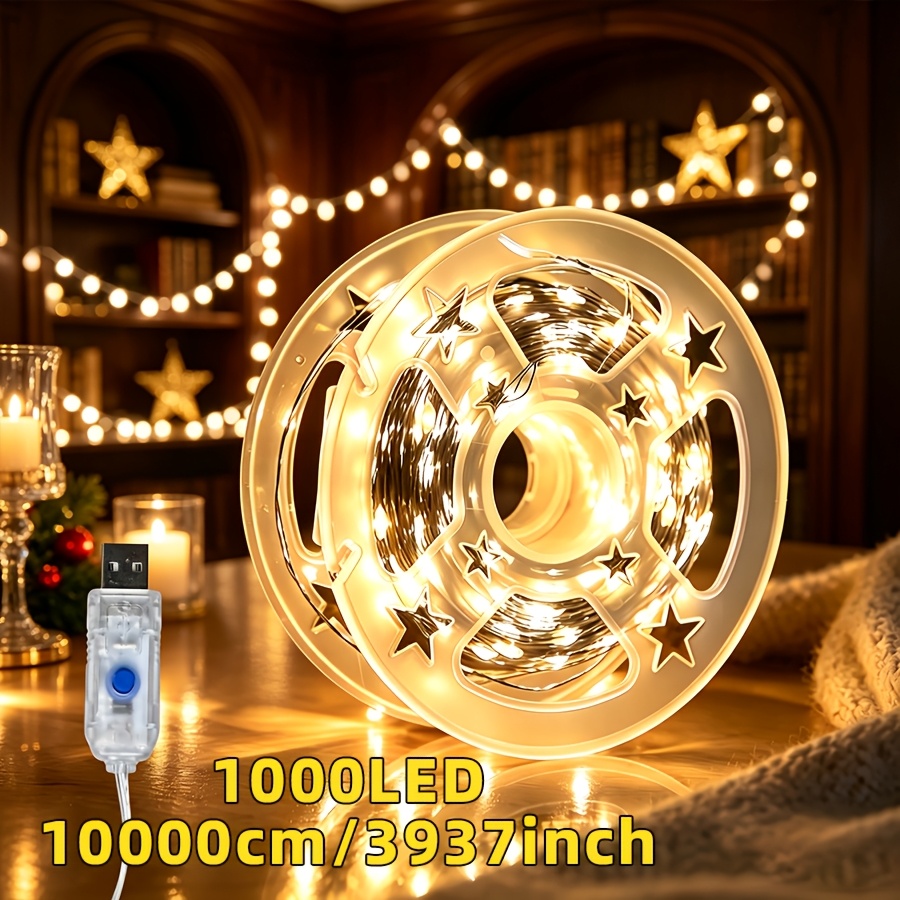 TEMU 1000 Led Beads - 10000cm - Compact And Easy-to-store Starry Sky Firefly-shaped Indoor String Lights, Usb-powered Silvery Wire Coiled Starry Sky
