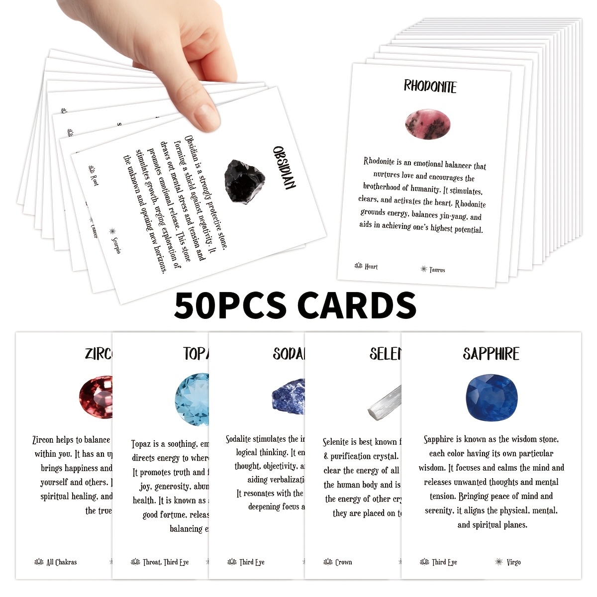TEMU 50 cartes de poche de propriétés de guérison en cristal, 2,5 x 3,5 pouces, cartes d'identification de , guide des significations et avantages de