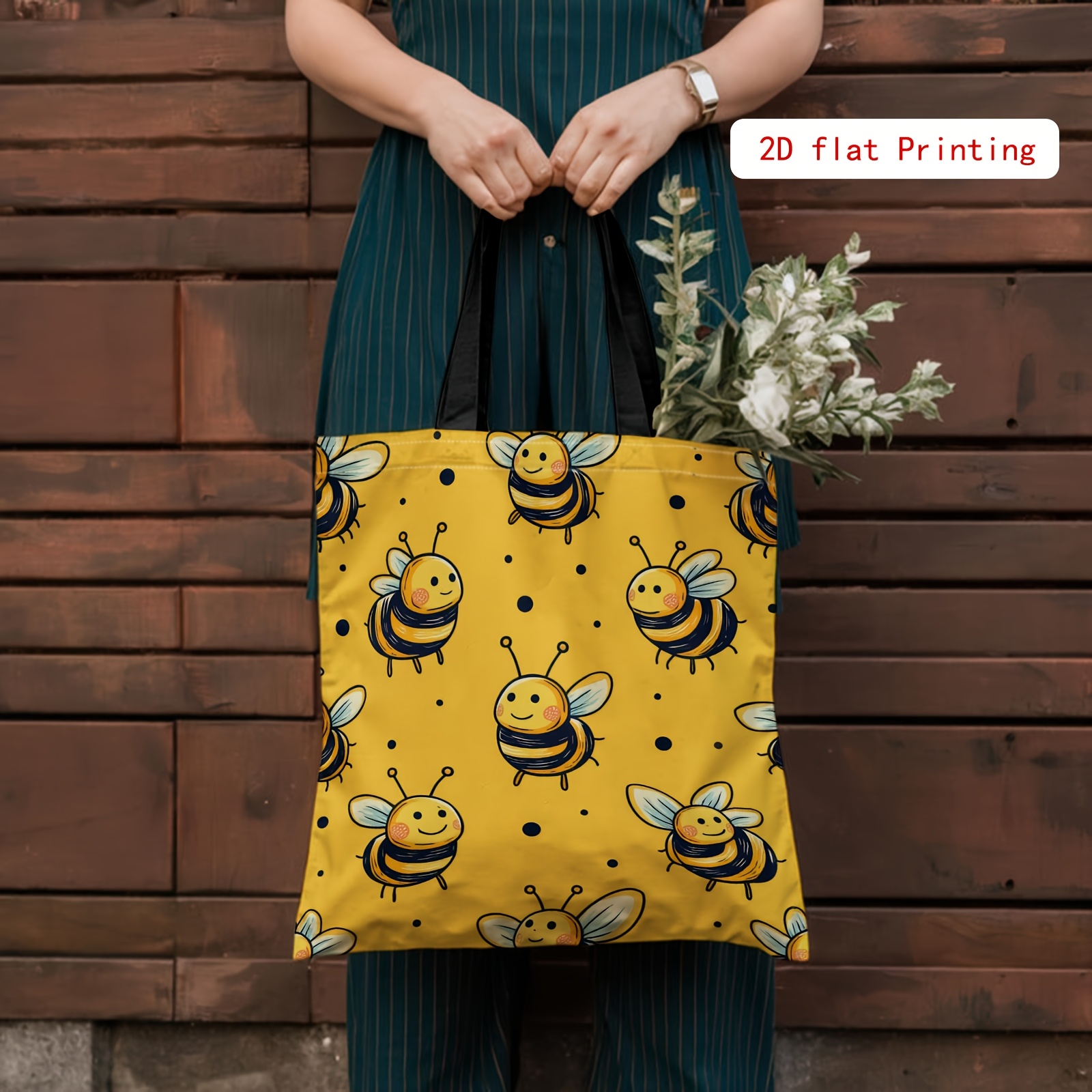 TEMU A Single Bee-themed Design, Featuring A Cartoon Illustration, This Women's Easy Double-sided Shoulder Bag Is Printed In 2d. It Offers A Spacious