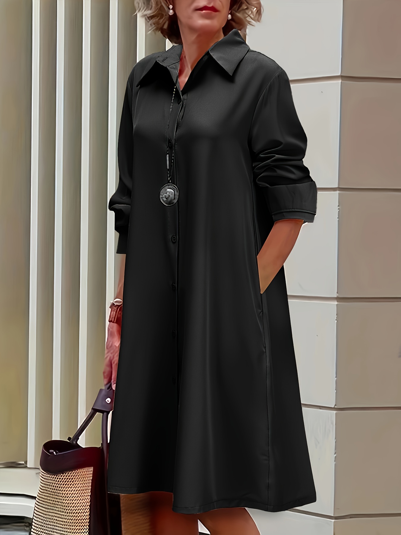 plus size button front dress, casual solid color collared dress for spring  & fall, women's plus size clothing | Shop On Temu And Start Saving | Temu