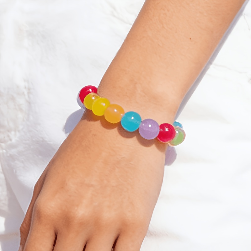 TEMU 1pc Bohemian Style Colorful Dopamine Acrylic Small Round Bead Bracelet With Elastic String, Suitable For Women, Ideal Gift For Beach Vacations,