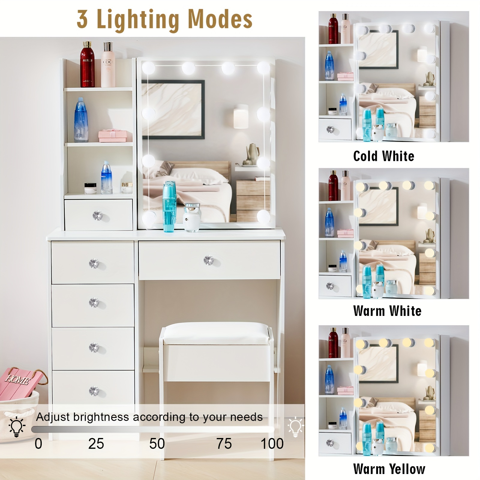 

Vanity Set Makeup Vanity Desk With Lights And Mirror & Power Outlet, Stool Vanity Table Set, Girls Dressing Table Makeup Desk With Lighted Mirror, White Vanity