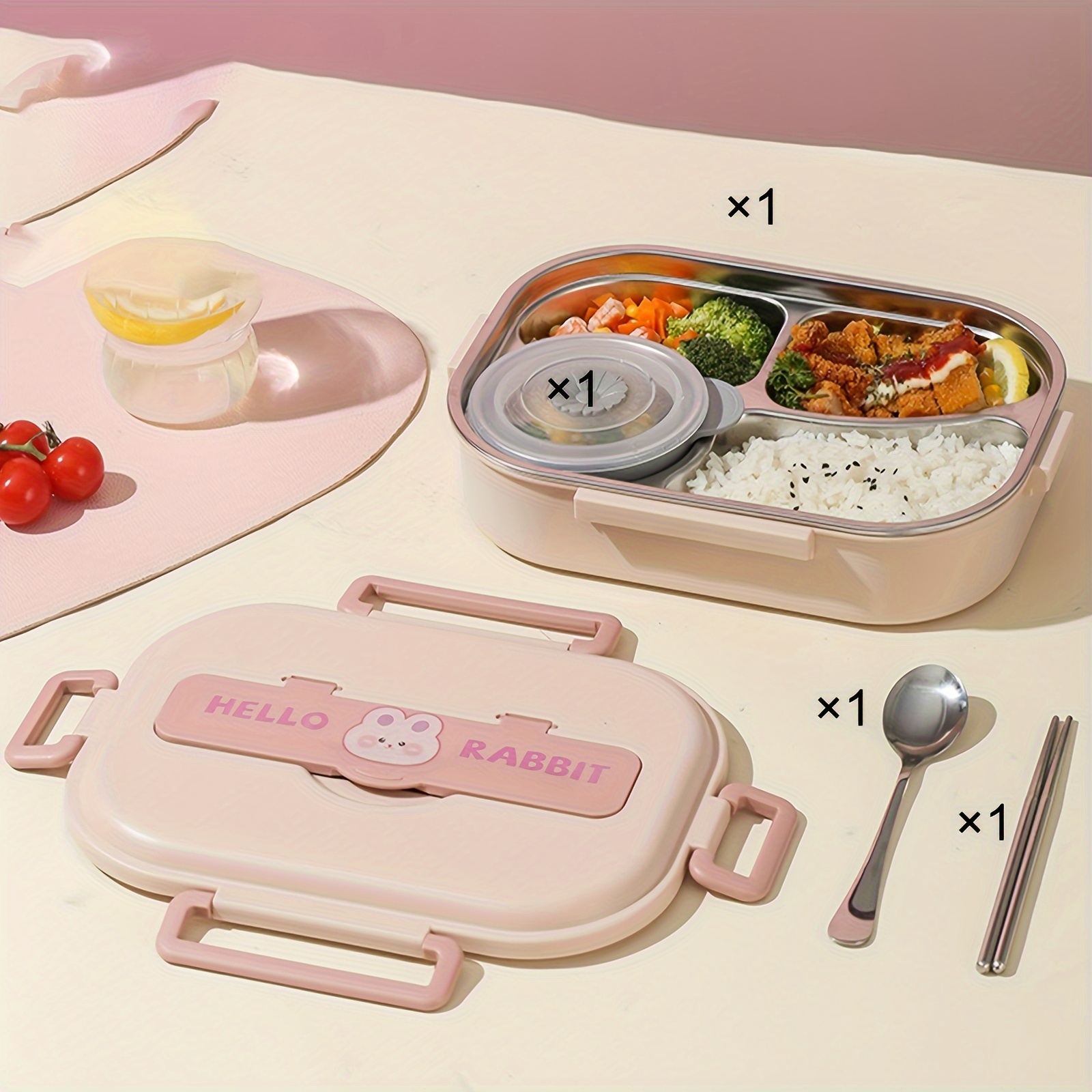 hello rabbit 4 piece stainless steel insulated lunch box set with dividers sealed lid microwave safe square bento box manual operation no electricity needed
