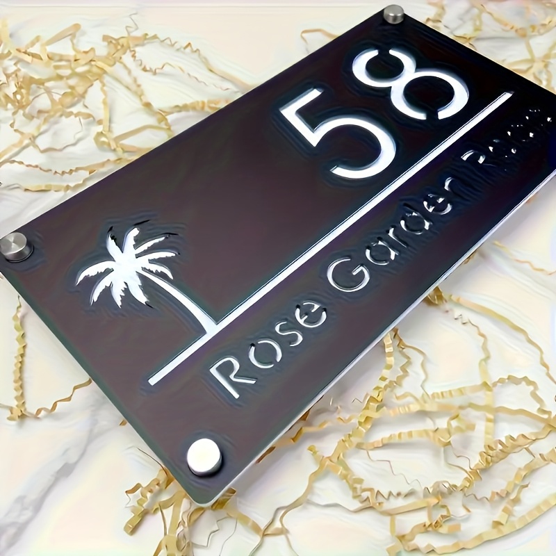 TEMU " " Customized Acrylic Doorplate, Featuring Exquisite Palm Tree Elements With Three-dimensional Metallic Numbers And Text. The Acrylic Material