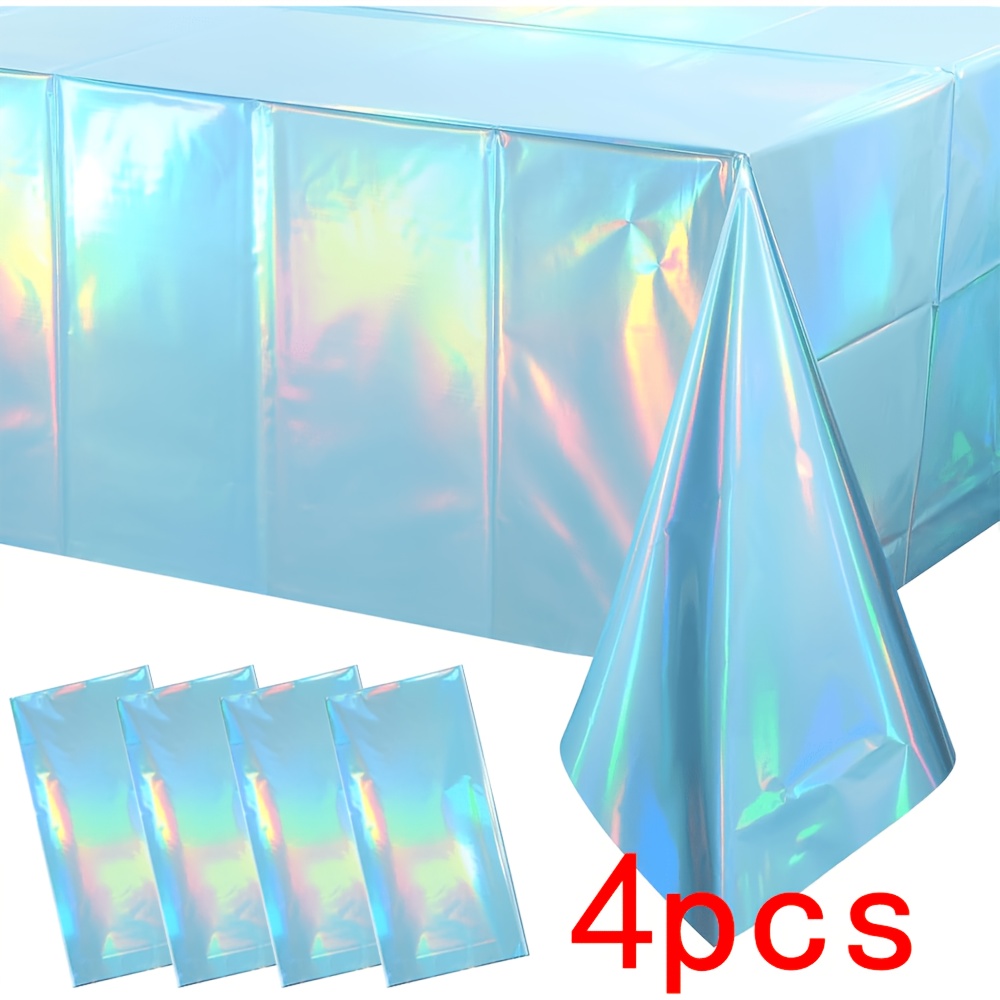 TEMU Set Of 4 Blue Holographic Tablecloths, Rectangular Disposable Pet Tablecloths, 270cm X 100cm Large Size, Birthdays, Graduation Parties, And All