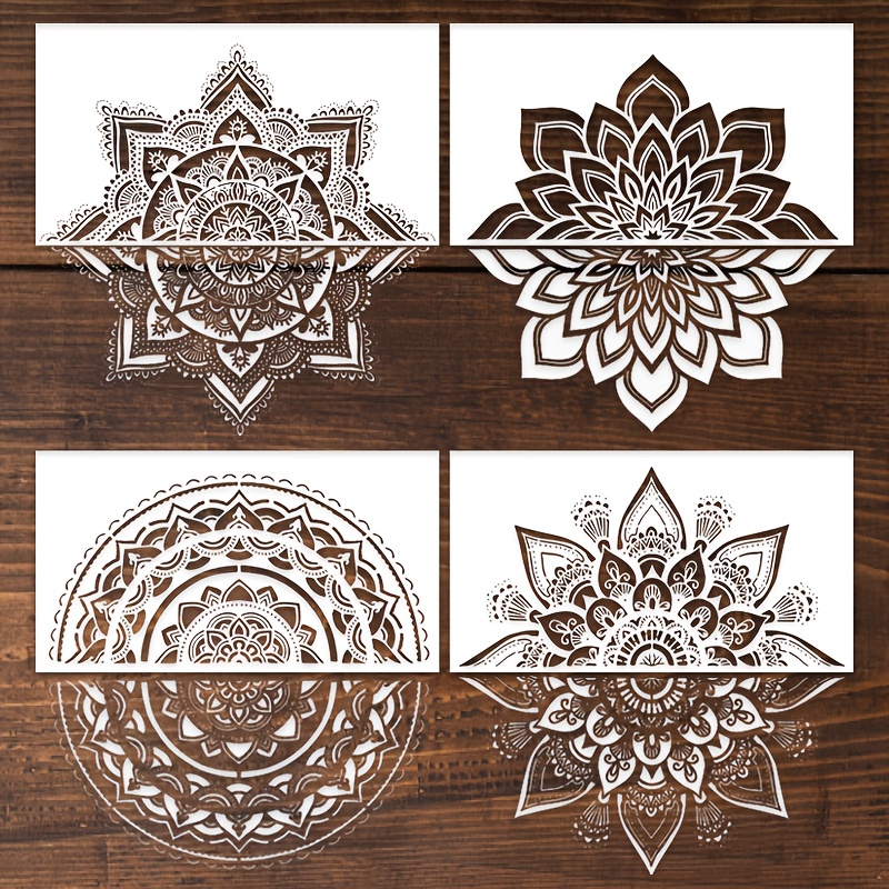 TEMU Set Of 4 Large Stencils Featuring Mandala Designs, Measuring 15.8x8.7 Inches. Reusable Floral Mandala Templates Are Made From Easy-to- Material,