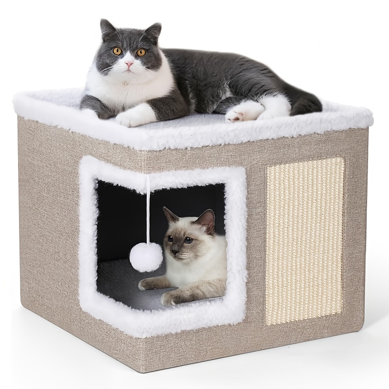 Pat pătrat pentru pisici, strat din blană sintetică, cub confortabil