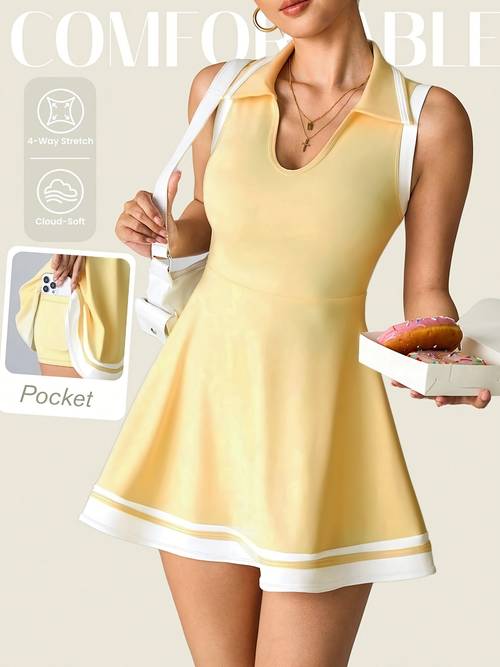 womens sporty color block lapel summer draped dress set fashionable casual womens 2pcs set waist cinching a line dress shorts with pockets lightweight and elegant for and simple casual sportswear stretchy and breathable fabric