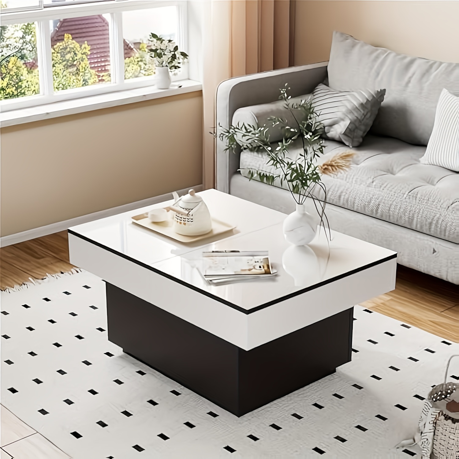 Ausziehbarer Couchtisch, 80 x 58 x 40 cm, mit versteckten Fächern Ablagefächern, geeignet für Wohnzimmer, in Weiß.