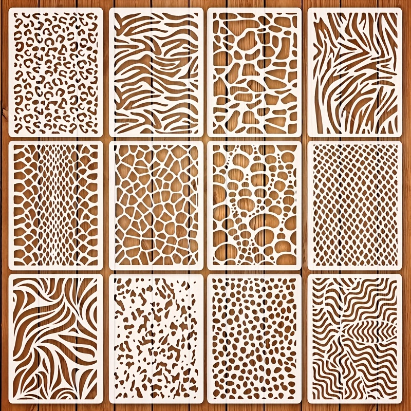 Image of 12pcs Animal Print Stencil Set - 14.8x21cm Reusable Wildlife Patterns | Leopard, Zebra, Giraffe & Scales | Diy Wall Art, Fabric Painting, Scrapbooking, Home Decor Craft Supplies