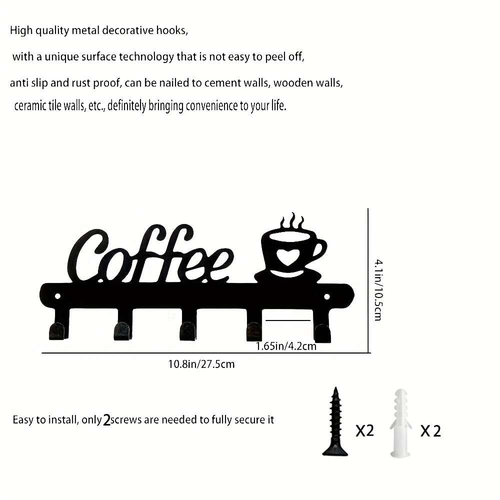 TEMU Exquisite Metal Decorative Coffee Cup Hooks, Key Hooks, Keychain Holders, Wall-mounted Kitchen Decor Hooks For Clothes And Hats, Measuring 10.8 Inches By 4.1 Inches