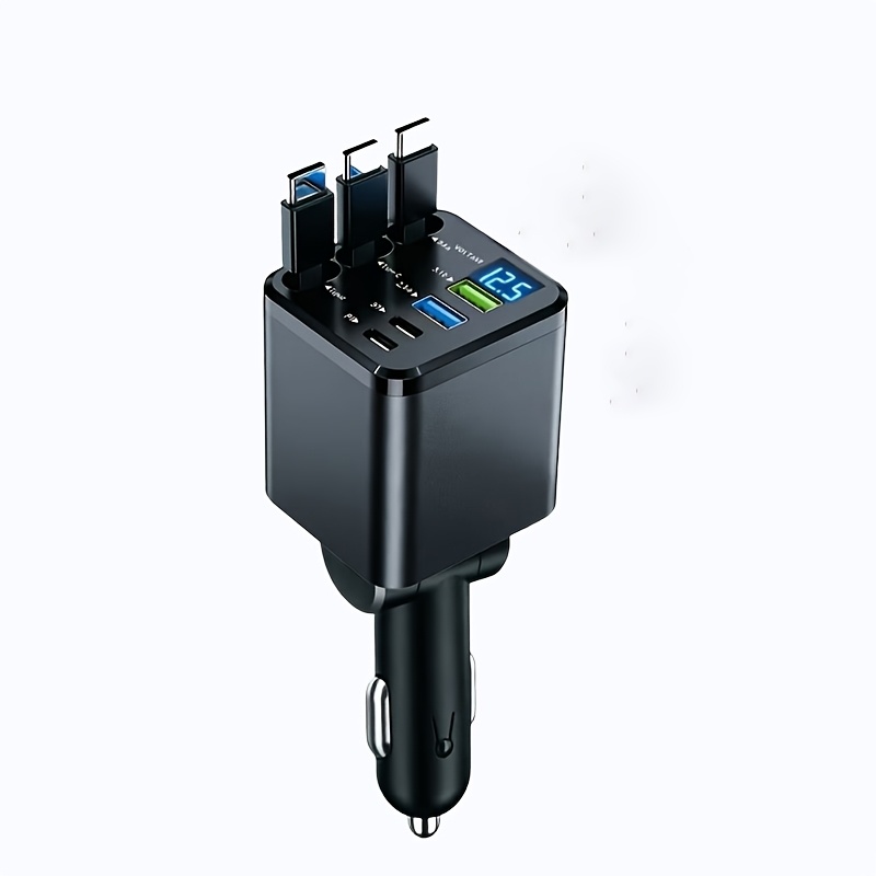 TEMU Car Fast Charger | Includes 3 Retractable Fast Charging Cables,  2pd Fast Charging Port, 180Â° Adjustment, Led Digital Display, Easy Operation,