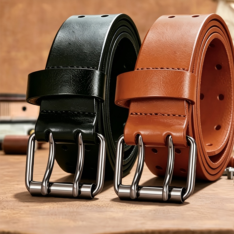 item picture 2pcs mens double fork casual alloy belts with double row metal buckles womens casual athletic outdoor work trousers belts jeans matching neutral belts very suitable for valentines day gifts fathers day gifts christmas gifts