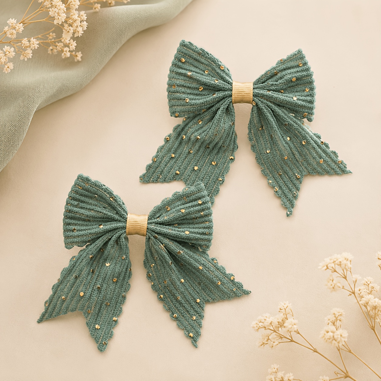 TEMU 2pcs Fall Winter Knit Glitter Bow Hair Clips Vert Sauge Barrettes en Tissu à Bande avec Décor de Points Dorés, Ajouts de Cheveux Vintage Adaptés