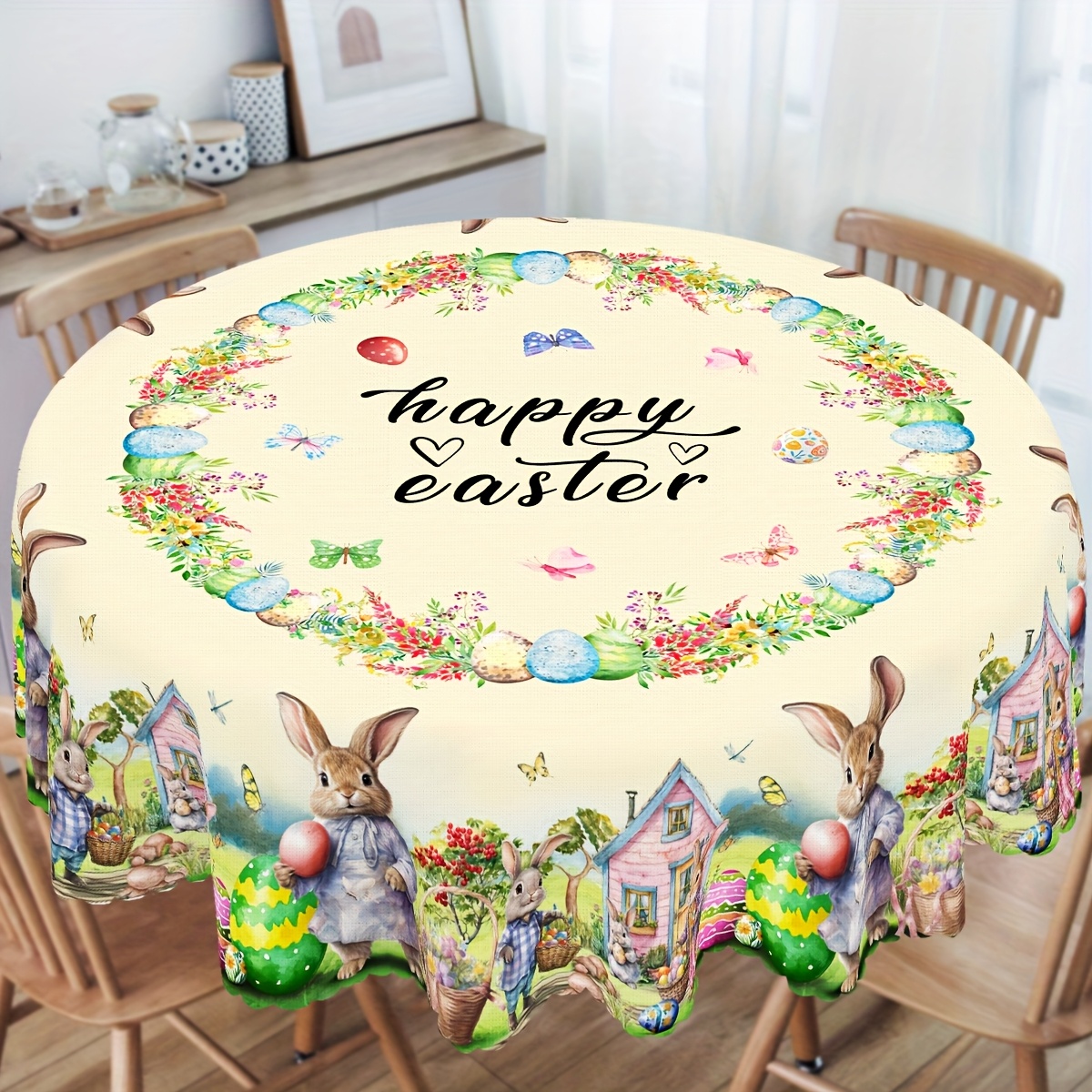 

Easter Bunny And Egg Polyester Tablecloth - Round/rectangular, And Egg Design With Floral Accents, Indoor And Outdoor Holiday Decorations, And Machine Washable, Rabbit Accessories