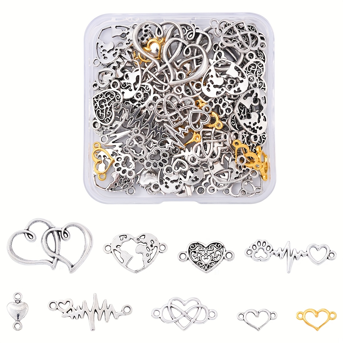 Image of Approximately 90/100 Tibetan Silvery Alloy Heart Shape Double Hole Pendants Jewelry Connectors For Bracelet Necklace Making