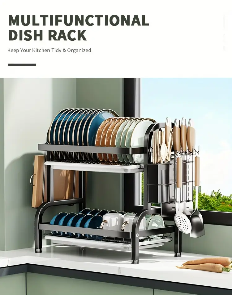 dish drying rack 2 tier large dish drying rack for kitchen counter with dish drainer for dish knifes cup cutting board black Product details 0