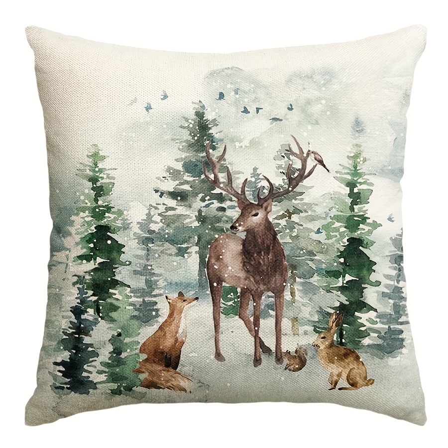 

Christmas Reindeer & Trees Throw Pillow Cover - Decor, Single-sided Design For Sofa And Couch, Machine Washable, Polyester, Zip Closure - In 16x16, 18x18, 20x20 Inches