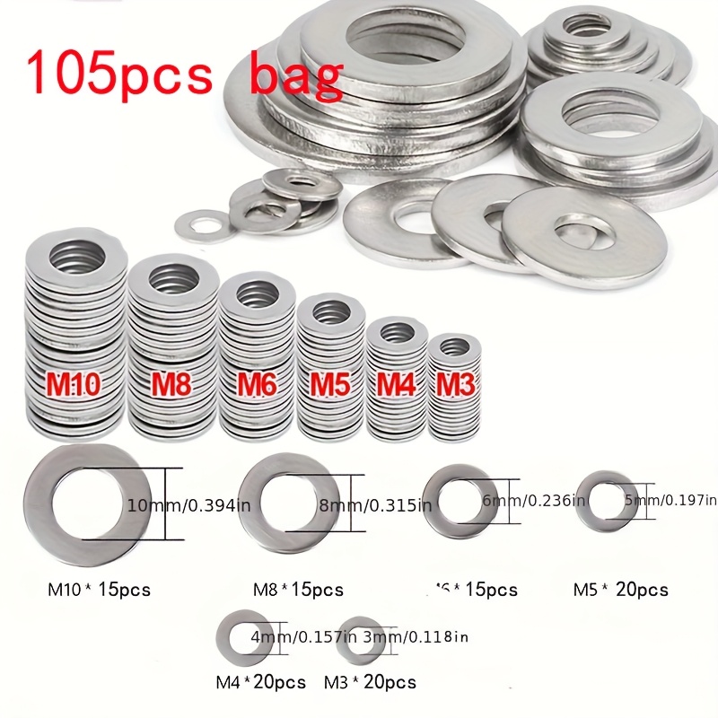 105pcs Washer Set, Polished Surface, M3-m10 Sizes, , Durable Material, Suitable For Projects/mechanical/electronic Products, For Professionals And Enthusiasts