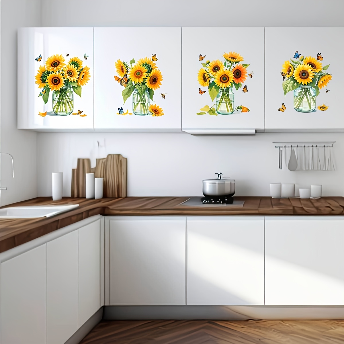 TEMU 1 Set Of 4pcs Sunflower Vase Wall Stickers - Creative Self-adhesive Removable Double-sided Visible Pvc Decorative Stickers, Suitable For