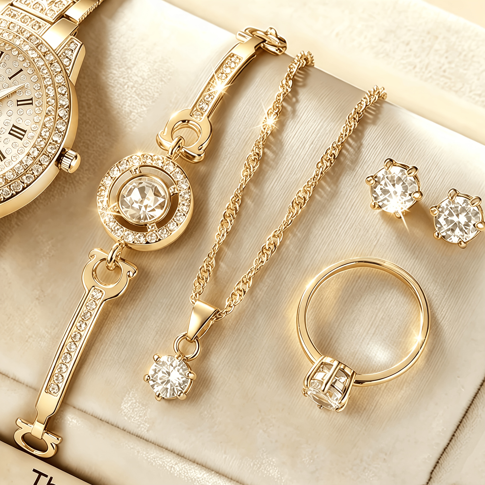 TEMU Luxurious And Elegant Women's Jewelry Pieces, Including A Bracelet, Necklace, Earrings, And Ring, Featuring A Shiny Golden Theme And Set With