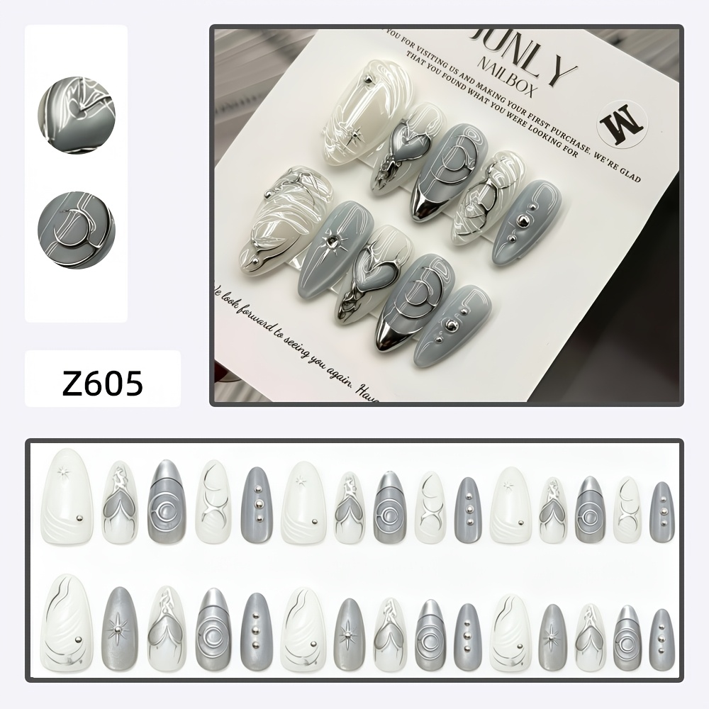 TEMU Lot de 30 cache-ongles à bijoux à avec colle goutte. Art d'ongle long d' de cœur gris froid argenté. Art d'ongle cool et froid Abi d'œil de chat