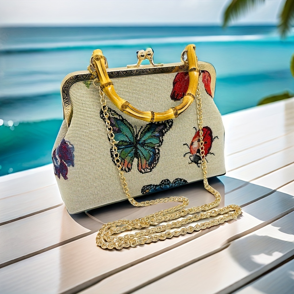 

Handmade Polyester-cotton Bamboo Handle Evening Shoulder Bag, Embroidered Butterfly And Flowers, Kiss Lock Closure, Gift For Her