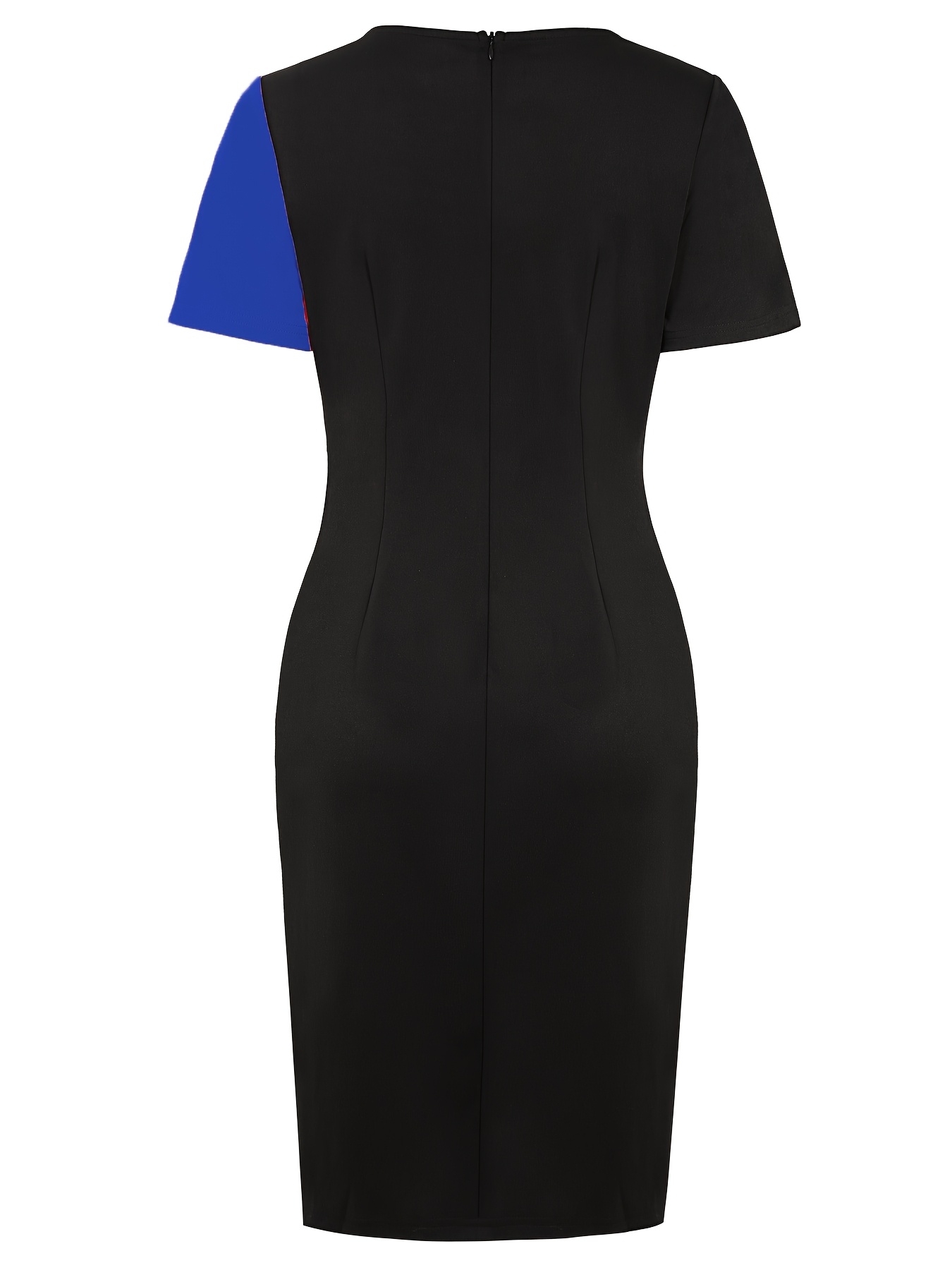 Spring/Summer Business Casual Elegant Women's Side Ruffle Waist Contrast Short Sleeve Round Neck Slim-Fit Midi Dress, Suitable for Formal Occasions or Office Wear