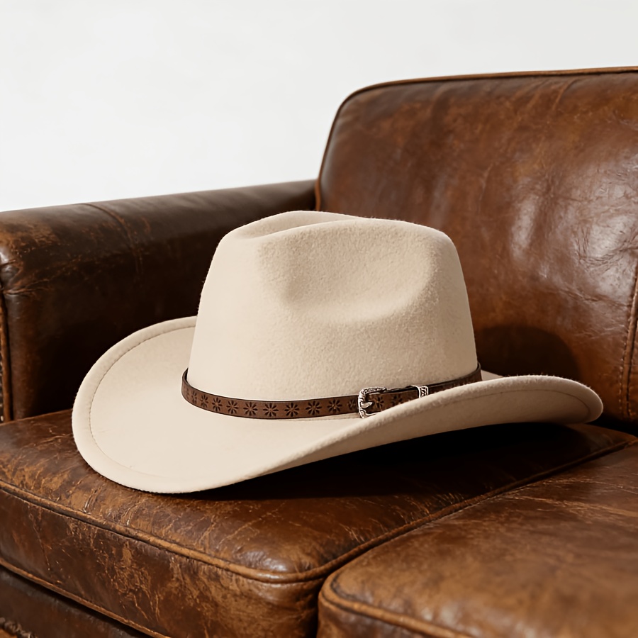 TEMU 1pc Western Cowboy Hat Wide-brim Pu Accent Fedora - Lightweight Brown Closure, Non-elastic Suitable For Outdoor Travel, Jazz Events & Casual