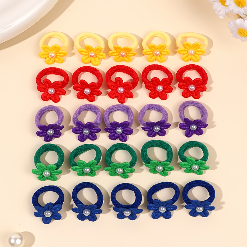 TEMU Lot de 25 élastiques à cheveux à fleurs aux , 5 couleurs, attaches pour queue de cheval douces en tricot floral, jolis accessoires pour cheveux,