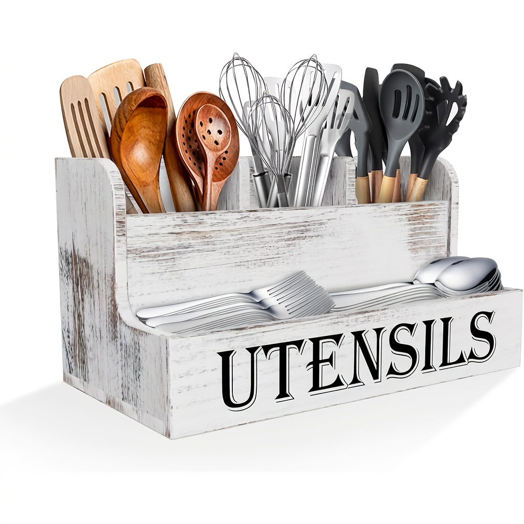 Extra Large Kitchen Utensil Storage Box With 4 Compartments, White Wooden Kitchen Utensil Sorting Rack, Suitable For Countertops, Country Style Cooking Tool Storage