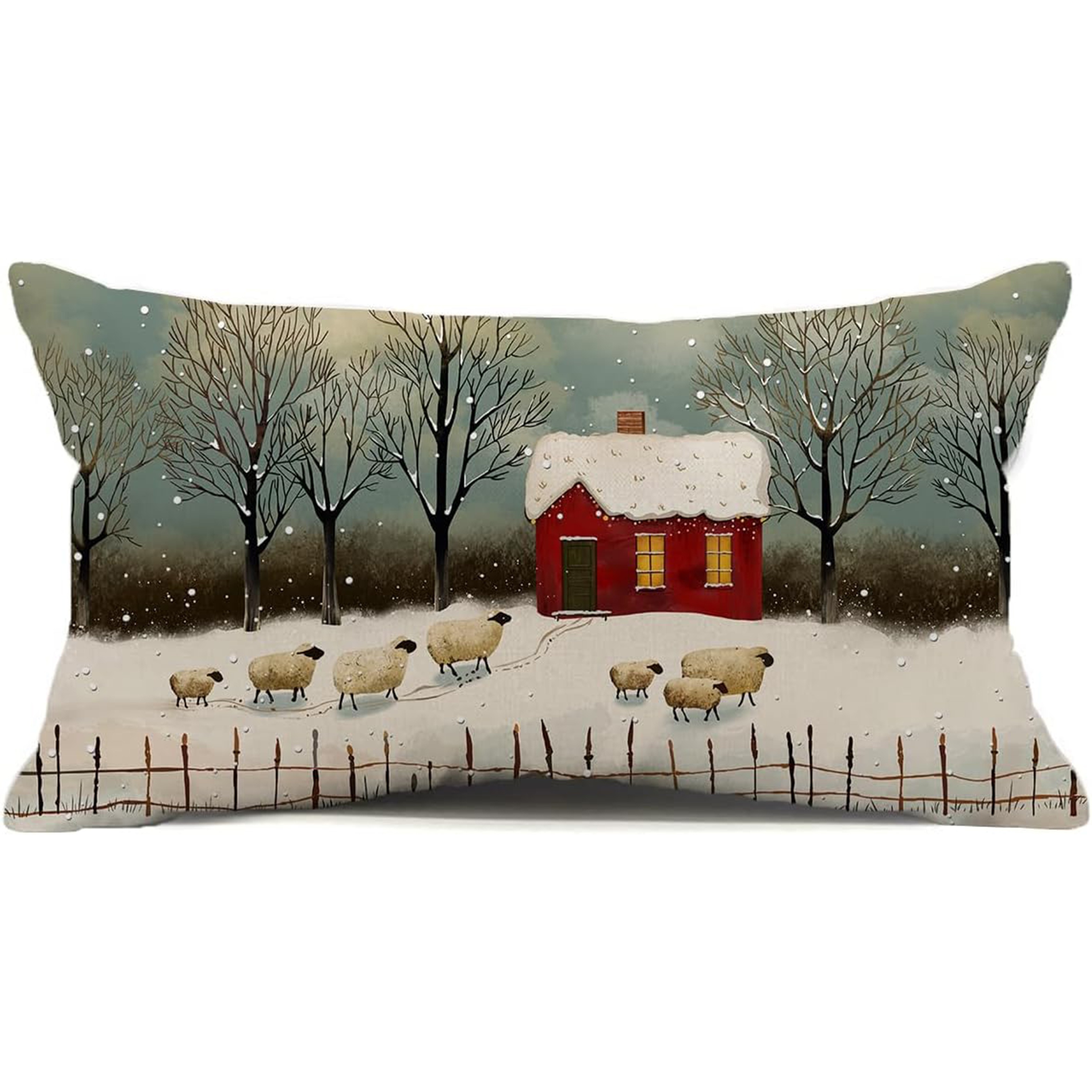 

Housse de Coussin Rustique pour Noël 12x20 - Motif Aquarelle & de Forêt, Mélange de Lin, Fermeture Éclair - pour la Décoration des Fêtes d'Hiver, Décoration de Noël