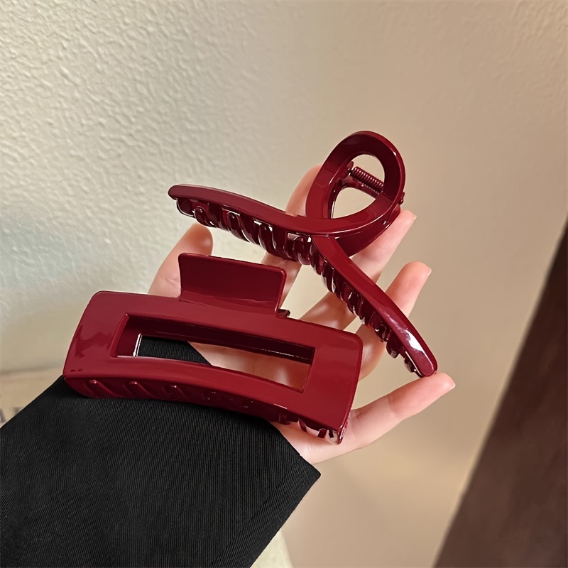 Image of 2pcs Set Of Premium Vintage Red Glossy Large Hair Claw Clips, Korean-style Minimalist Solid Color Versatile And Stylish Hair Clips, Effortless Updo Hair Claws
