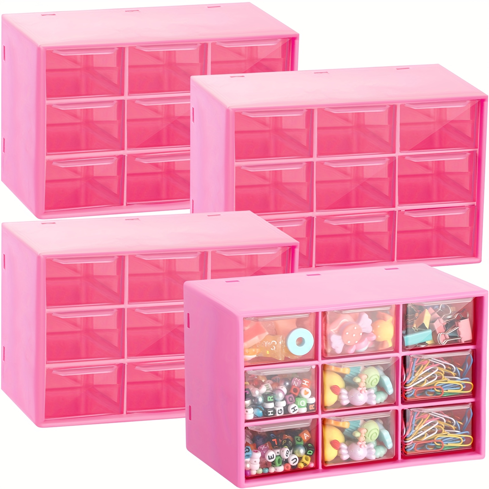 4pcs Desktop Storage Organizer with 9 Drawers Craft Organizer with Mini Drawers Plastic Organizers And Storage Drawers for Craft Art Jewelry Cosmetics Sewing Supplies Storage (Rose Pink)