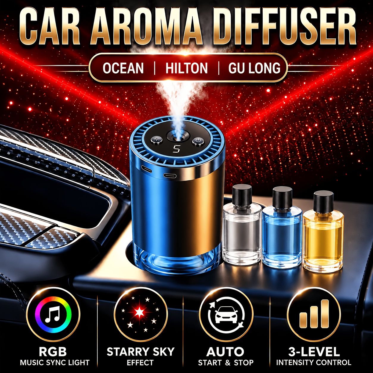Car Essential Oil Diffuser With Star Projector, Usb Rechargeable Car Diffuser, 5 Mode Adjustable Fragrance, Automatic Start Stop, Accessories