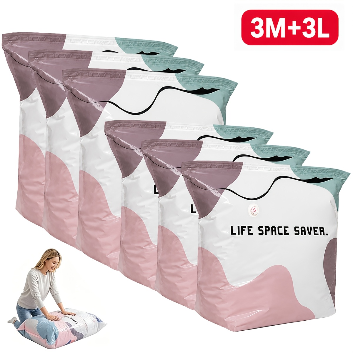 TEMU 6pcs Pump-free Compression Storage Bags, Reusable No-vacuum Space Saver Bags For Clothes, Comforters, Quilts & Bedding, Press-to-compress Travel