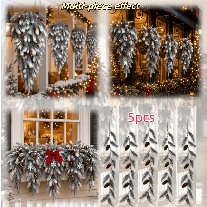 TEMU 5pcs White-tipped Artificial Wall-mounted Pine Needles With Artificial Accents, Suitable For Indoor/outdoor Vine Decor, Railing Wrapping Decor,