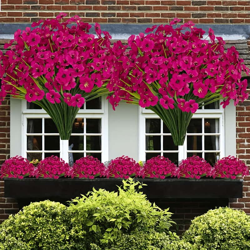 

15 Artificial Flowers, Uv Resistant Outdoor Plants, Non Fading Artificial Plastic Shrubs, Fake Silk , Garden Porch, Home Decoration (purple Red)
