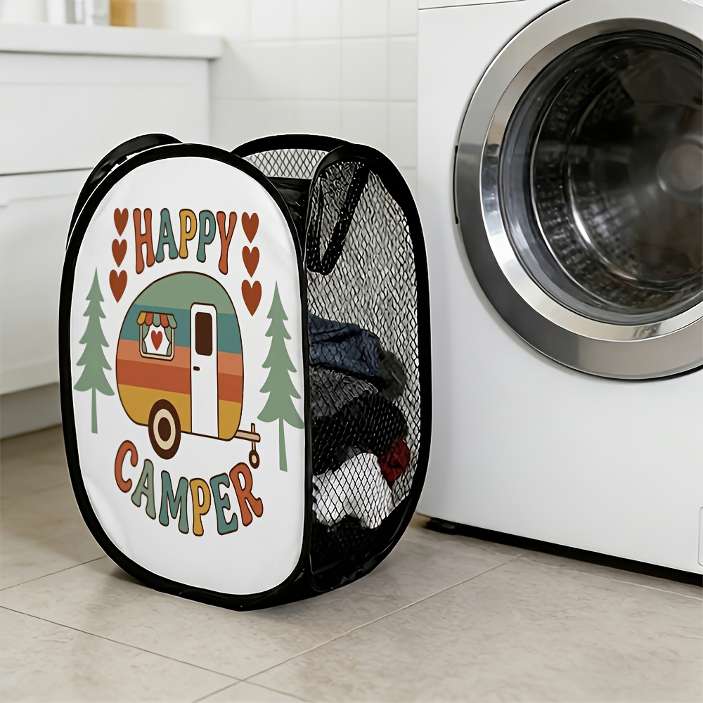 TEMU 1pc Groovy Retro Graphic Pop-up Laundry Hamper, And Text Pattern Foldable Mesh Collapsible Storage Basket, Space- For Bathroom And Bedroom