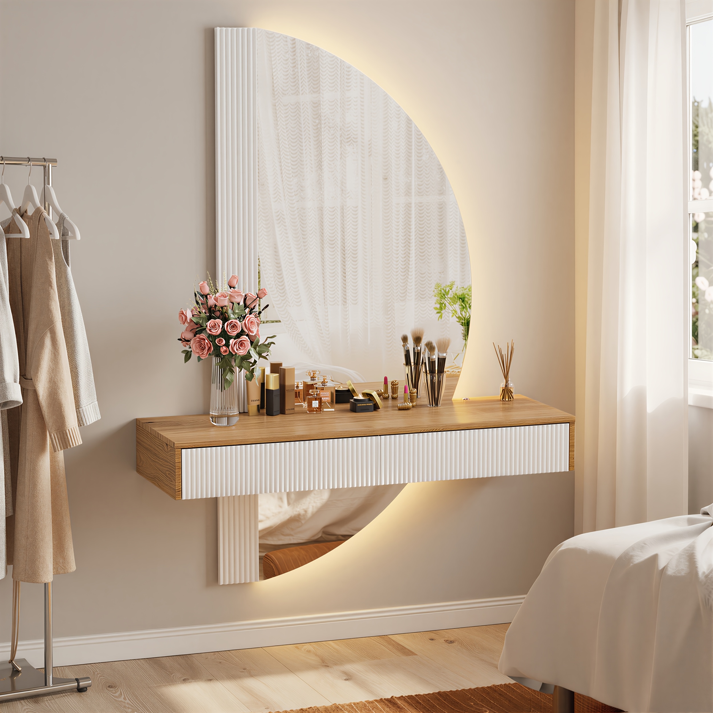 Dressing Table, Floating Vanity With Lighting Semicircular Mirror And 2 Drawers, Height Adjustable Makeup Table (with Support Frame), 120 X 40 X 160cm, + White