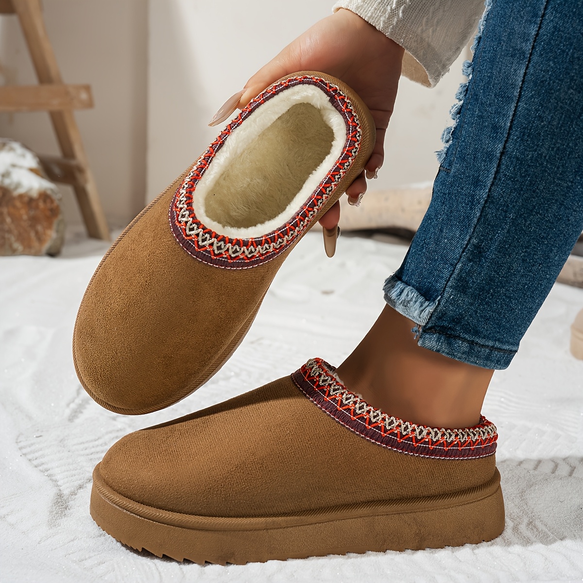 Image of Women's Winter Ankle Boots With Ethnic Woven Collar, Comfortable Indoor Home Slippers, Women Shoes